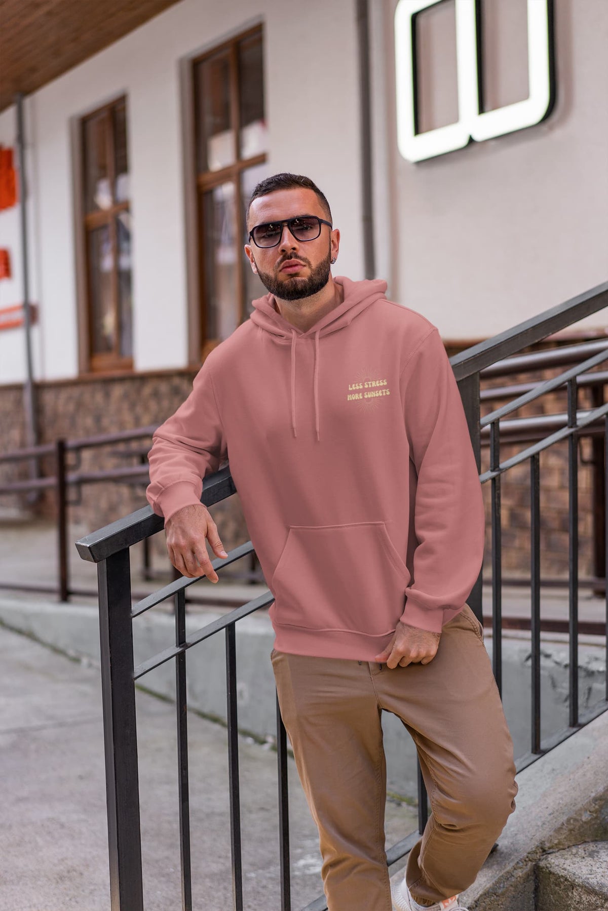 Regular Fit Unisex hoddie with "Less Stress More Sunlight" Print