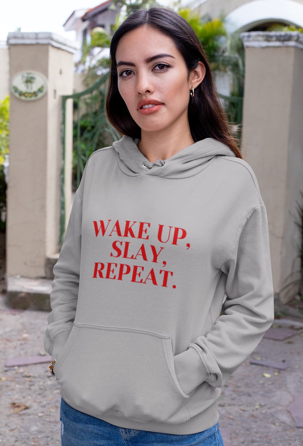 Regular Fit Unisex hoddie with "Wake Up Slay Repeat" Print